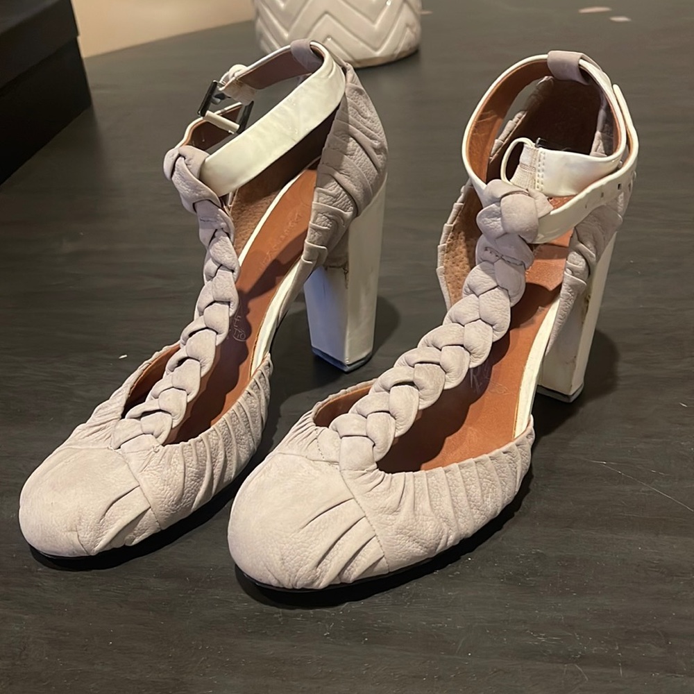 Modern Vintage Grey and White T Strap Heels